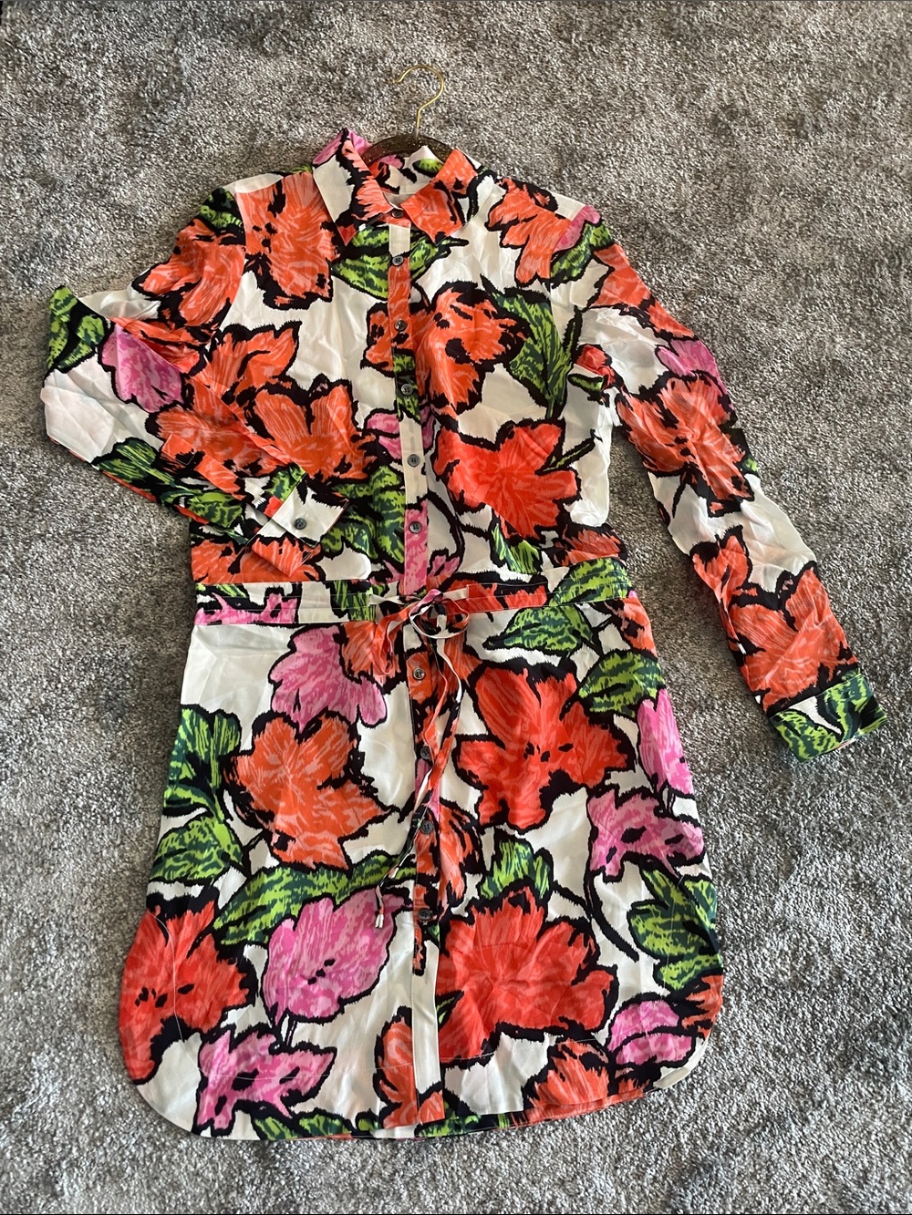 Floral Button-Front Women's Shirt Dress in White with Orange & Pink Flowers NWOT